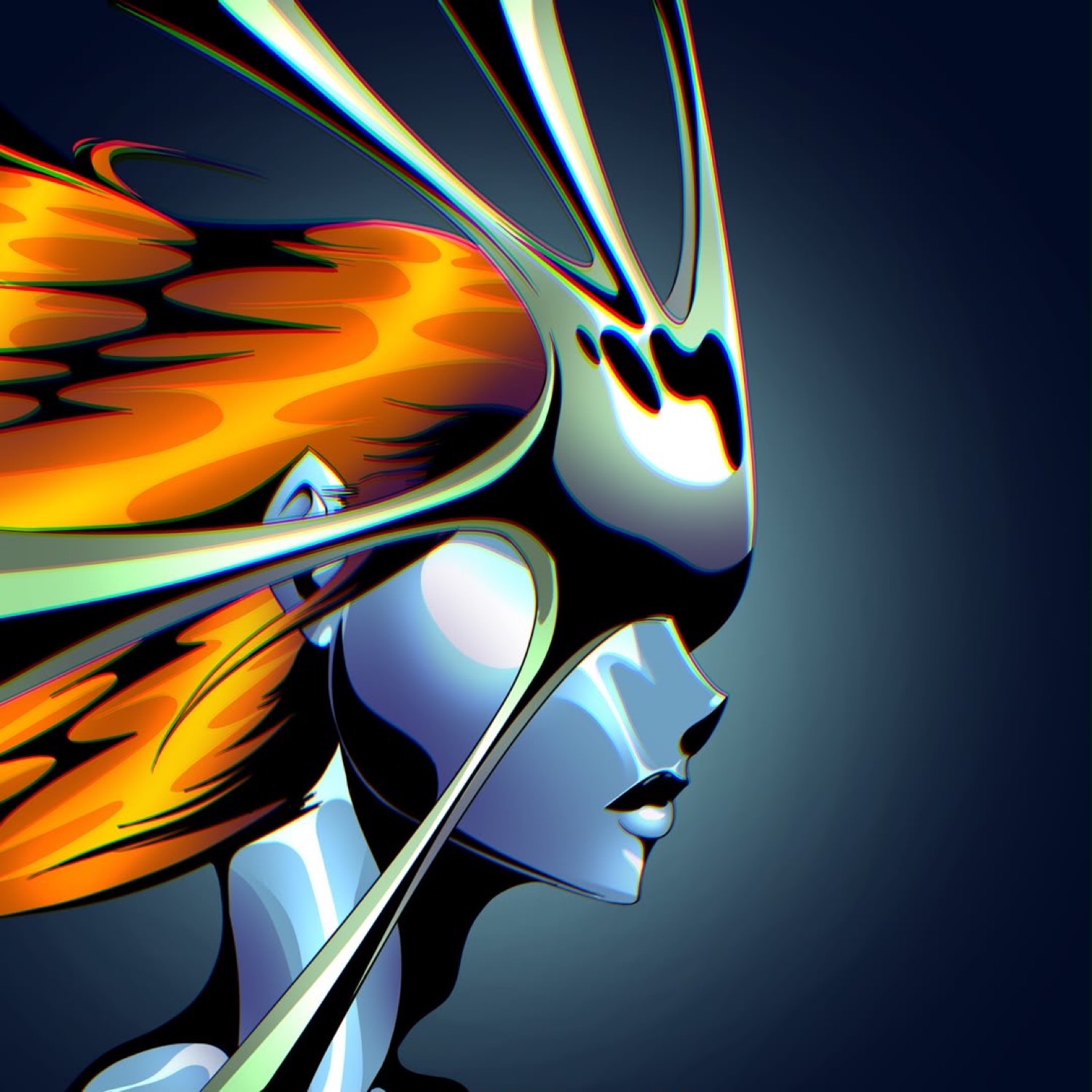 Chrome profile with a crest and a flame of orange hair